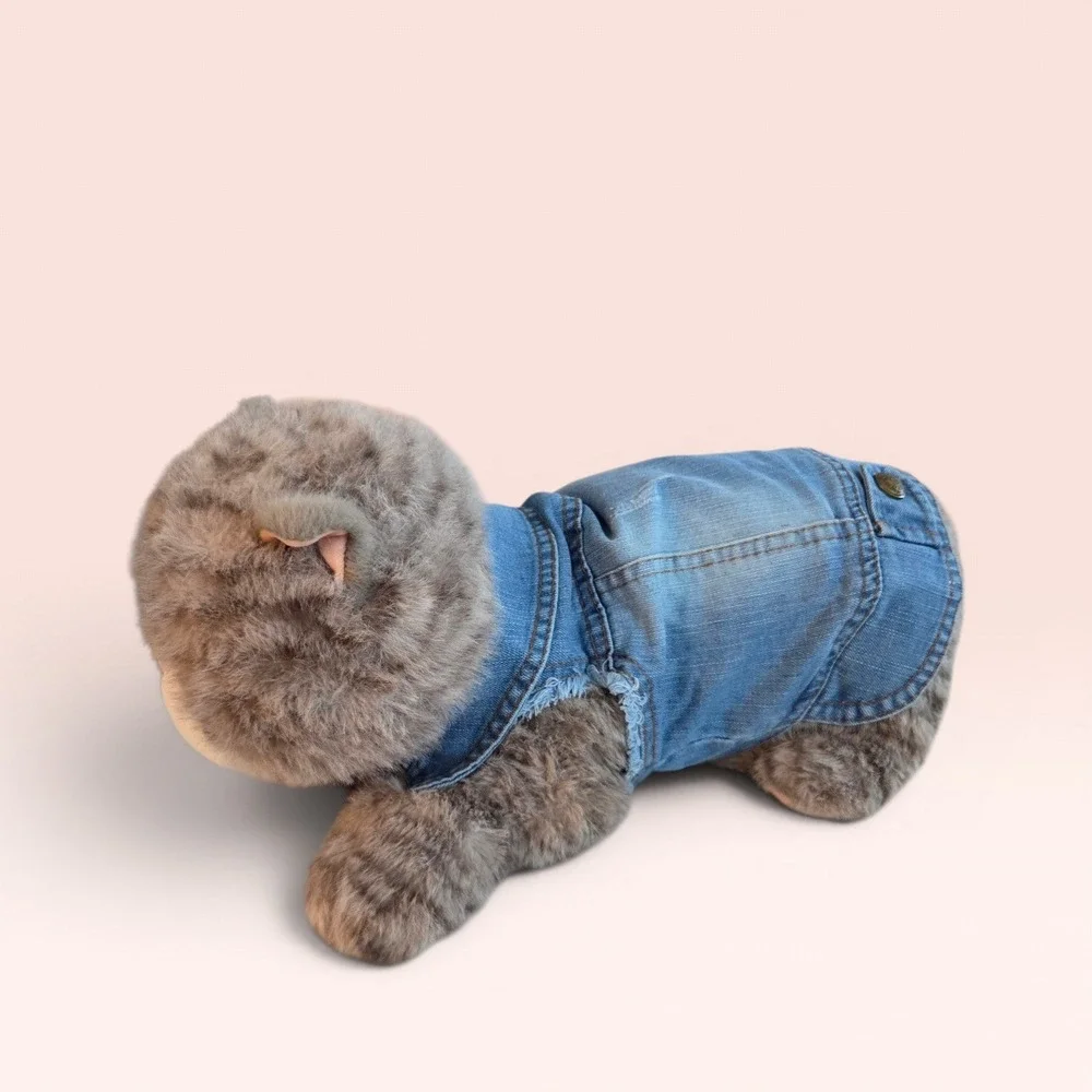 Blue Distressed Denim Pet Vest Dog Cat Jacket Medium Wash Snap Button Front